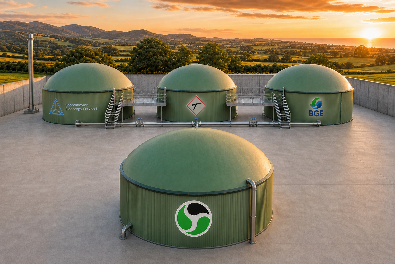 Four green biogas digester tanks carrying the founders' company logos, three businesses working as one