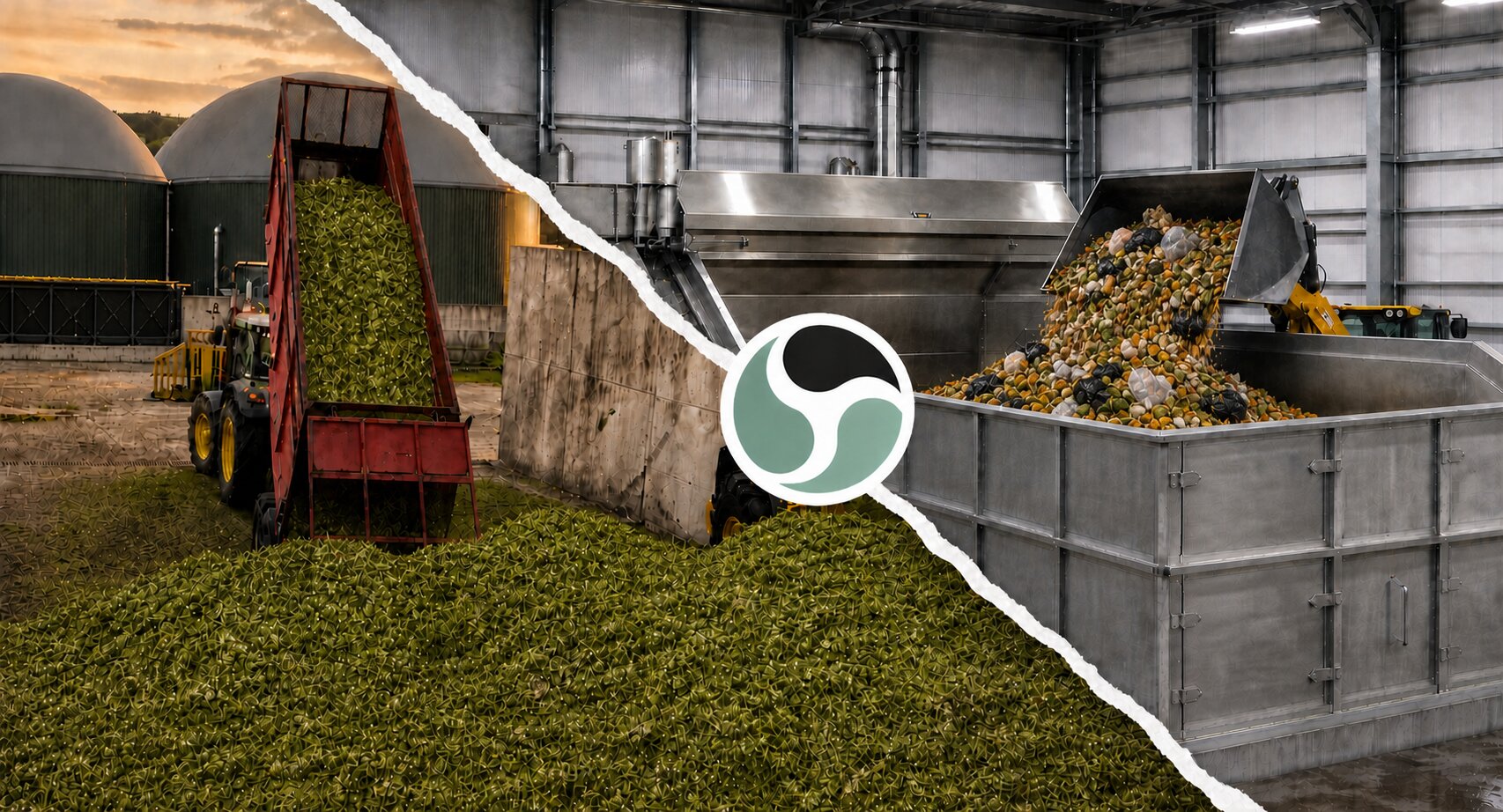 Split view of agricultural maize silage and food waste reception at an anaerobic digestion plant